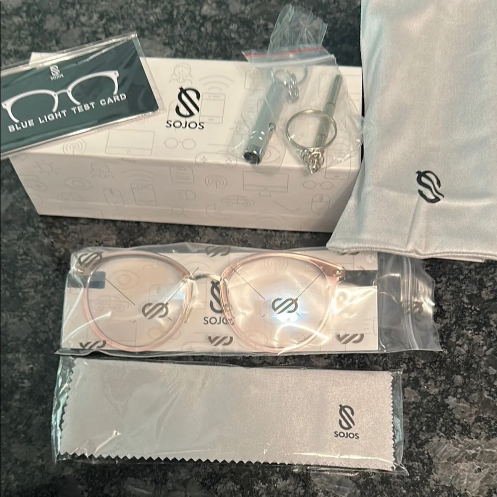 Sojos Anti Blue Light Glasses Light Pink Round Frame Carry Case & More NIB NWT